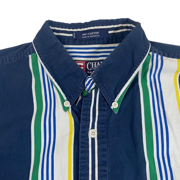 Chaps Ralph Lauren Men’s Striped Button Down Short Sleeve Navy Blue Shirt Large - Picture 3 of 8